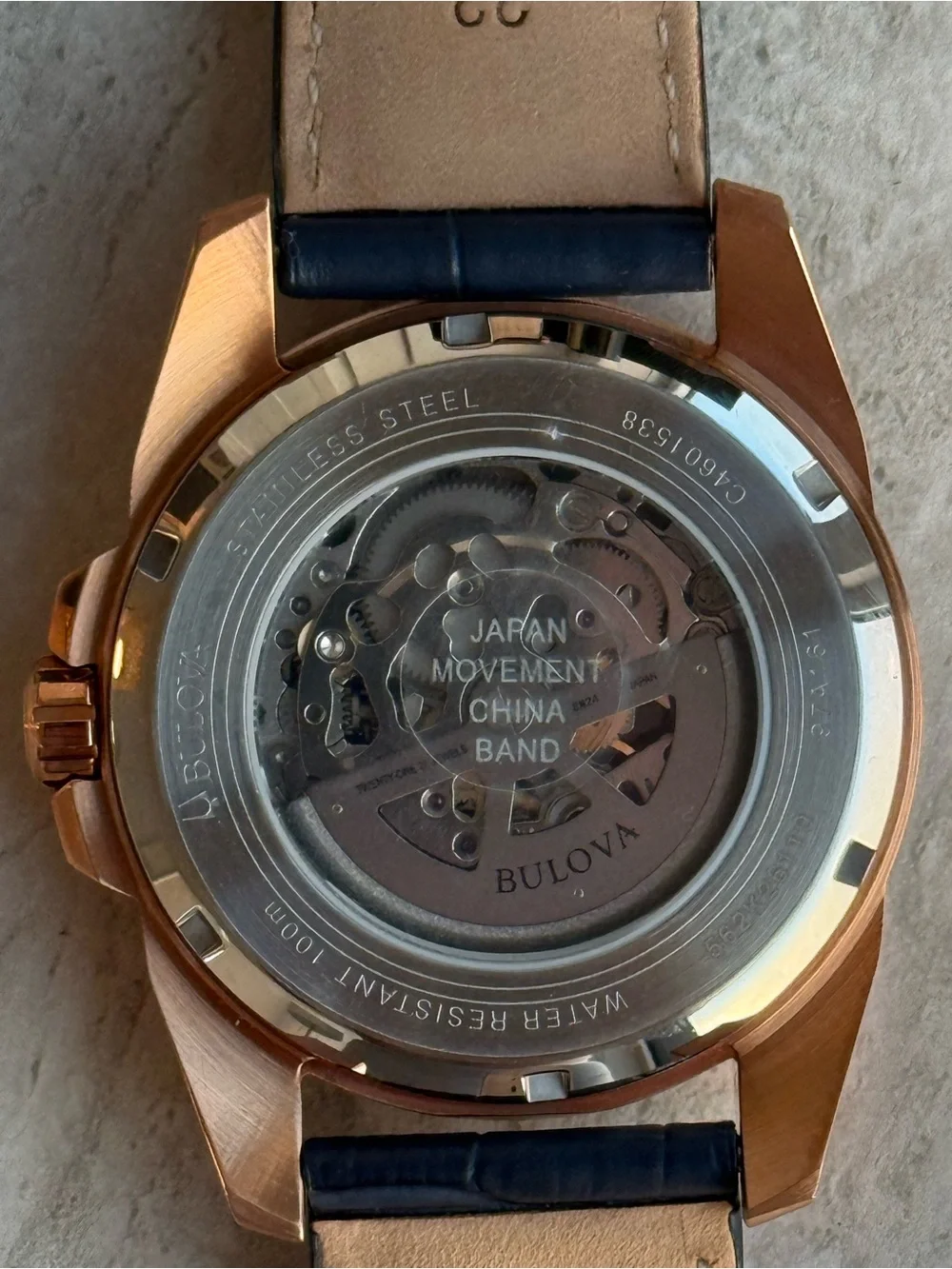 Bulova Rose Gold Case with Blue Leather Accents Watch